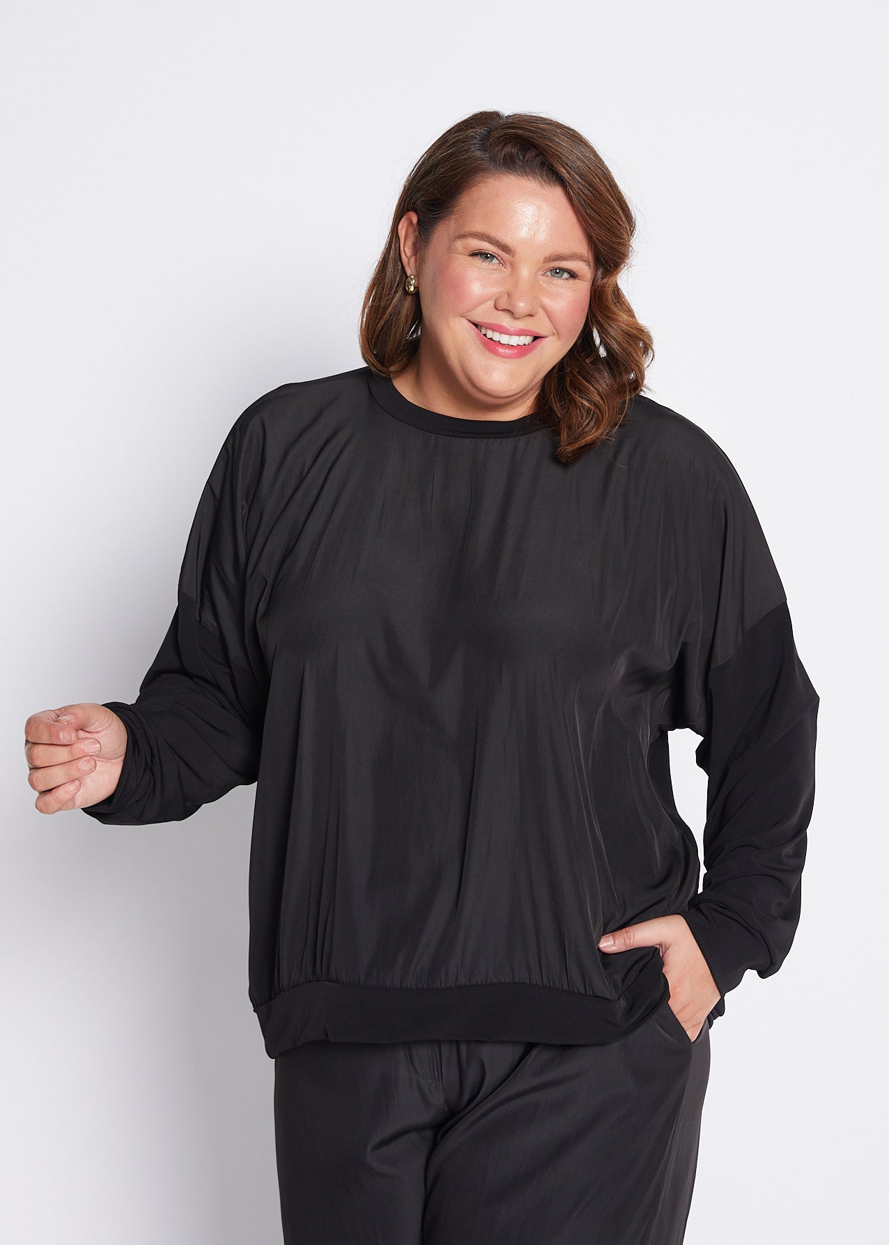 Jersey and Silky Long Sleeve Spliced Top in Black