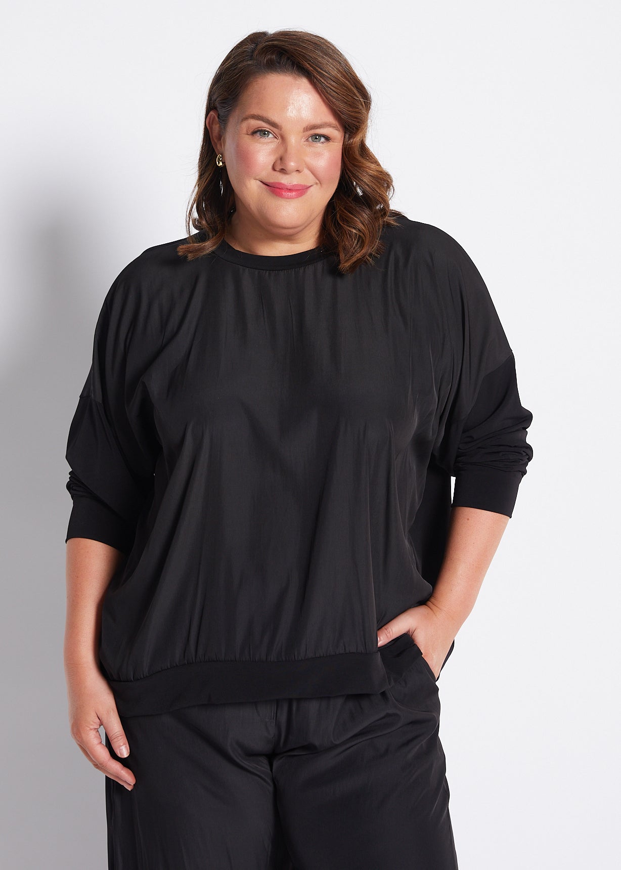 Jersey and Silky Long Sleeve Spliced Top in Black