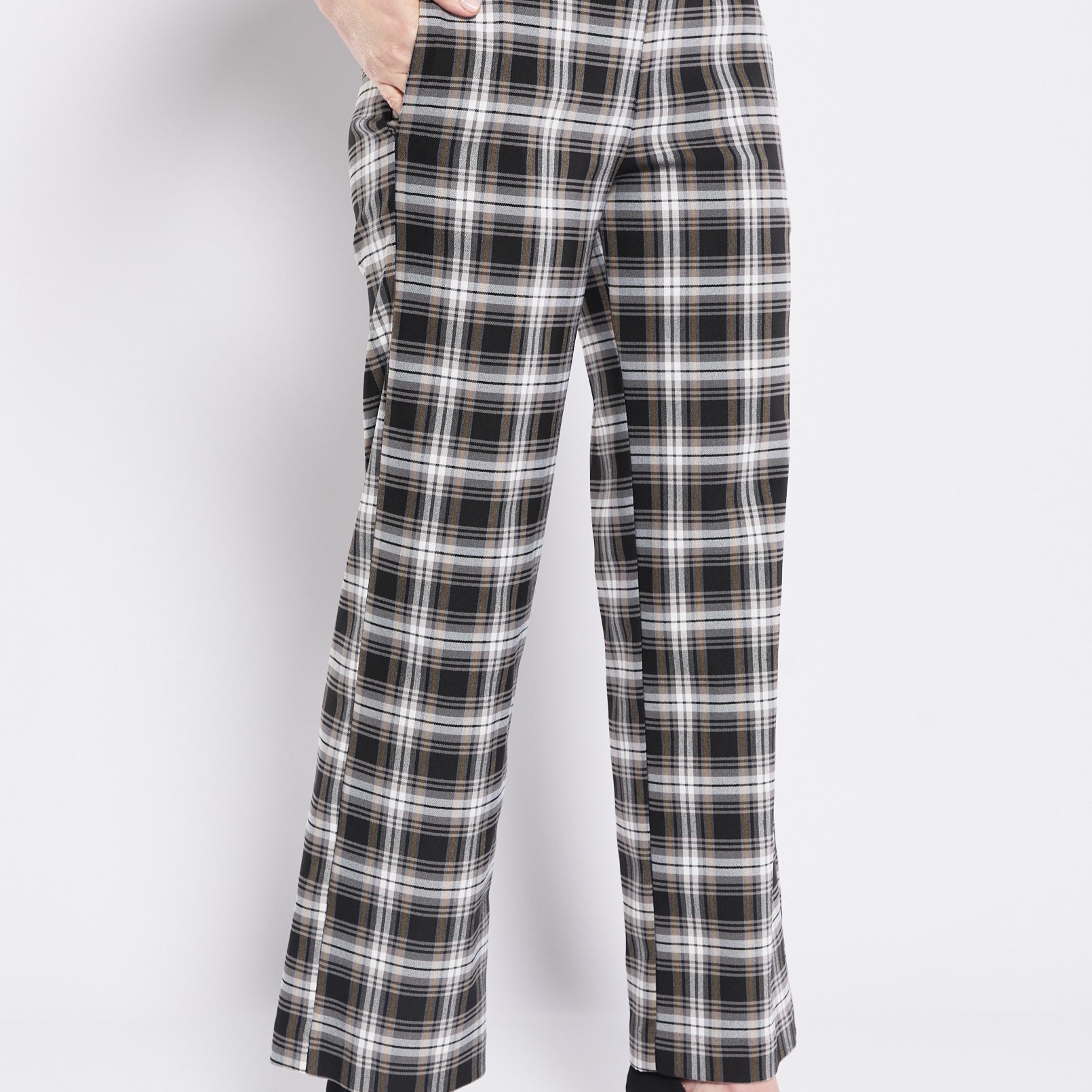 Bengaline Stretch Wide Leg Pants with Pockets in Black White Mustard check