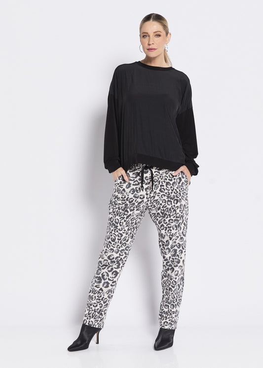 Spliced Jersey and Silky Long Sleeve Top in Black
