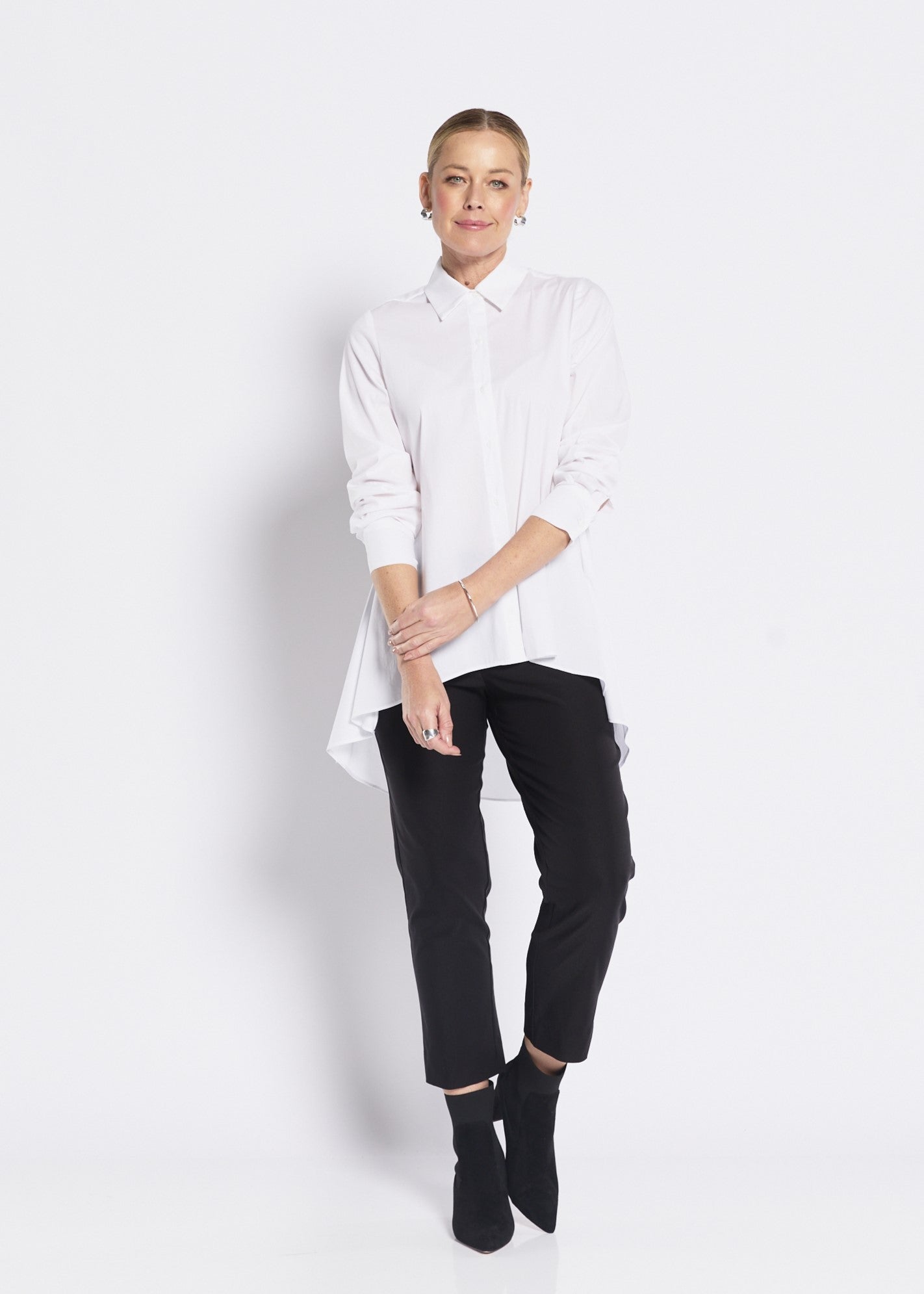 Ailsa City stretch cotton hi lo shirt in white