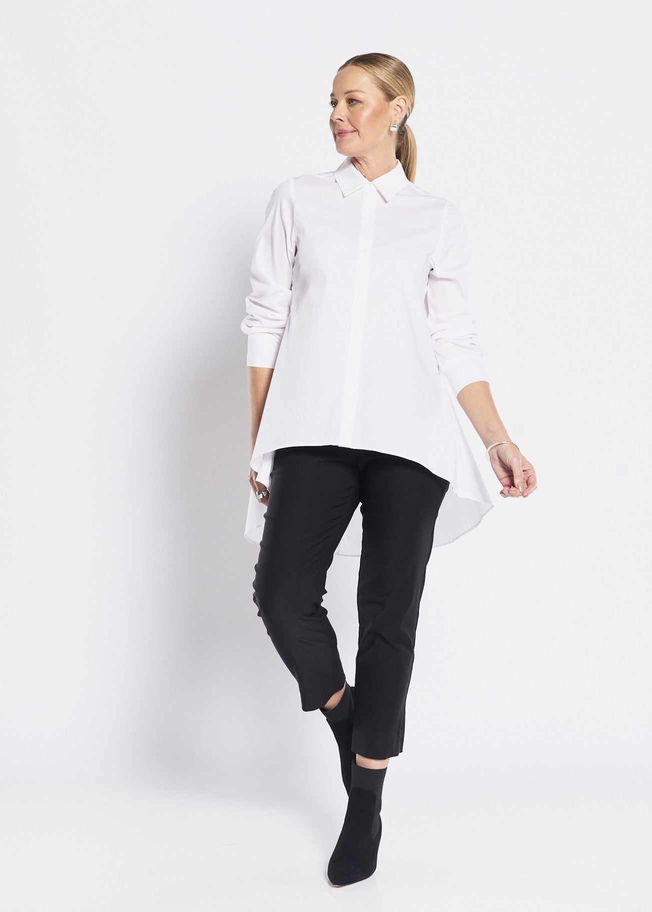 Ailsa City stretch cotton hi lo shirt in white