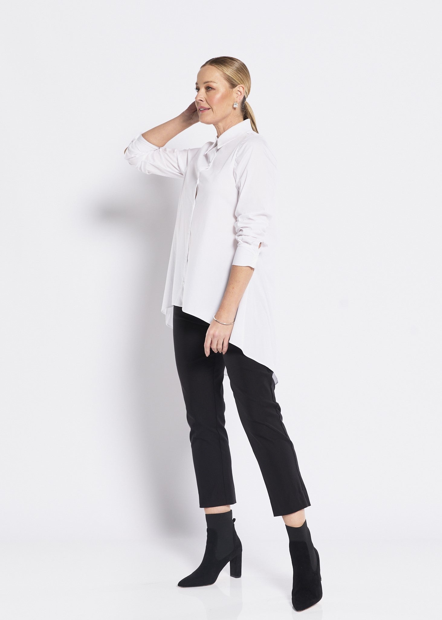 Ailsa City stretch cotton hi lo shirt in white