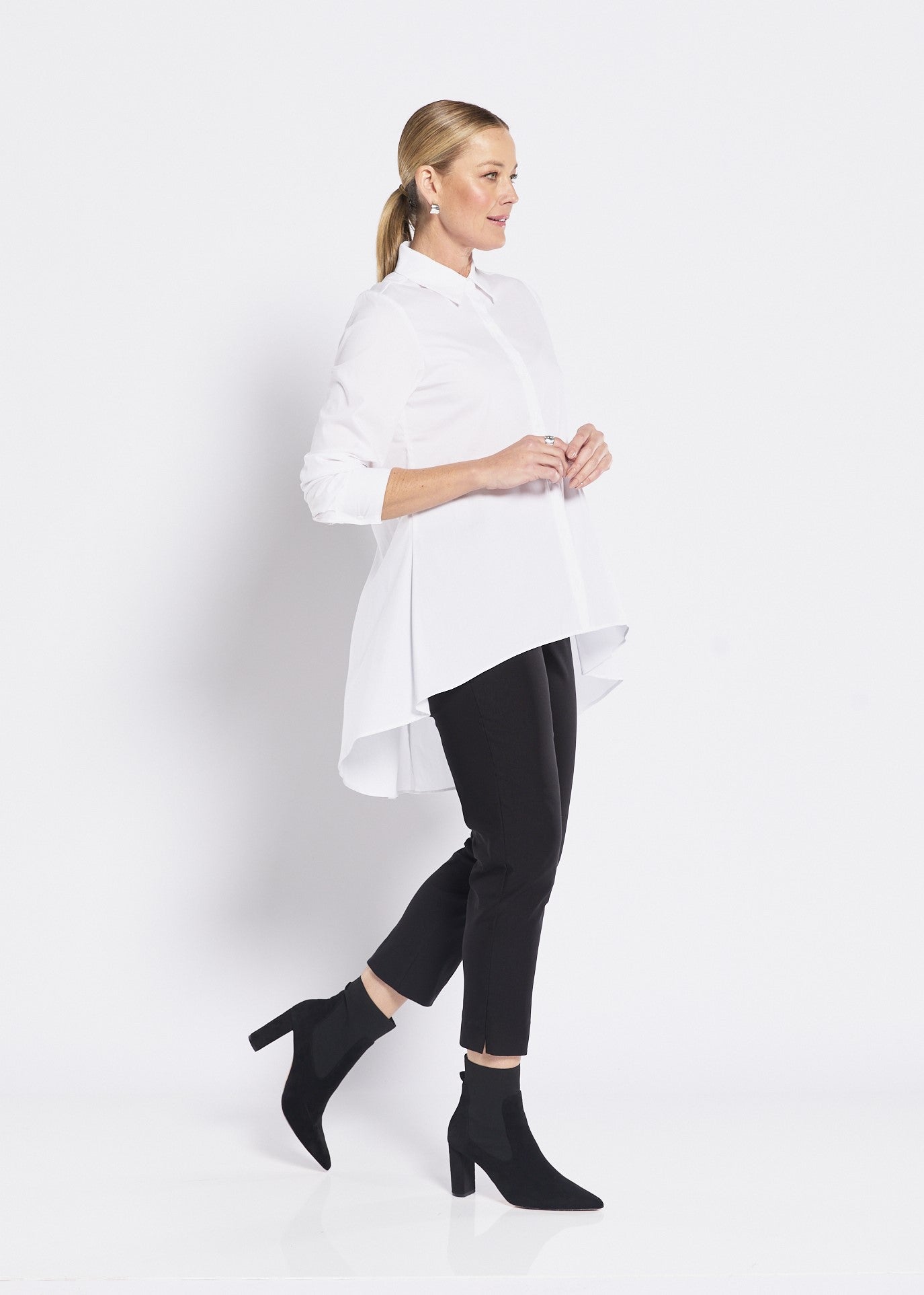 Ailsa City stretch cotton hi lo shirt in white