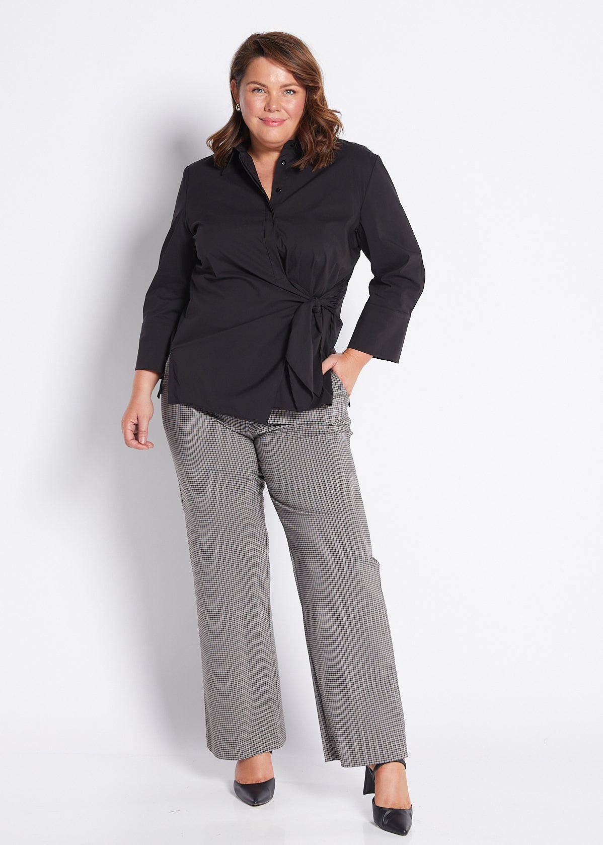 Bengaline Stretch Wide Leg Pant with Pockets in Black Stone Check