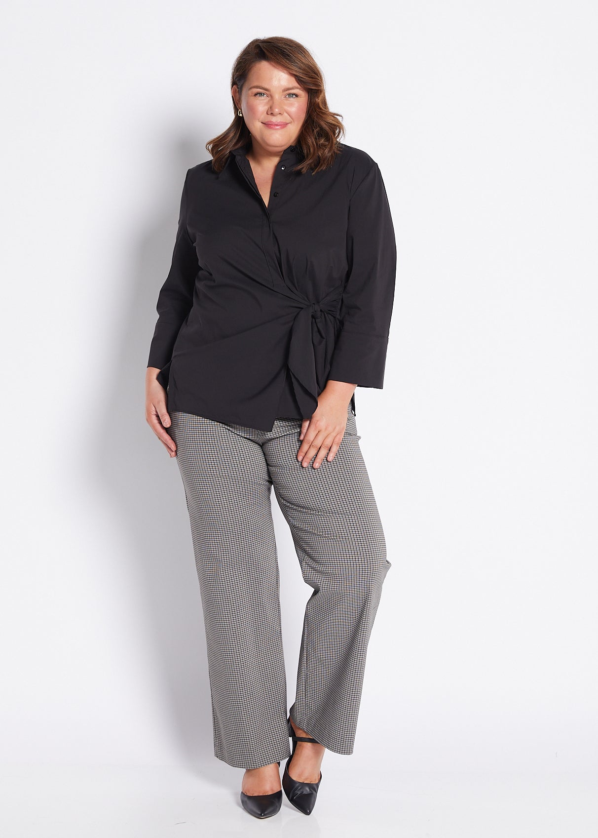 Bengaline Stretch Wide Leg Pant with Pockets in Black Stone Check