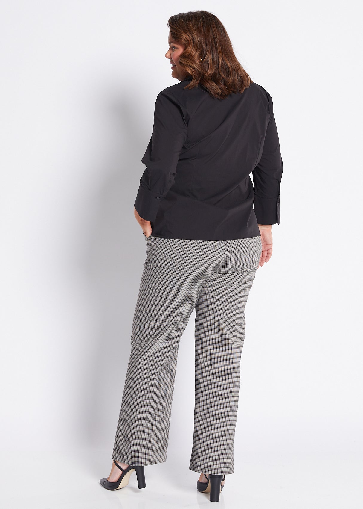 Bengaline Stretch Wide Leg Pant with Pockets in Black Stone Check