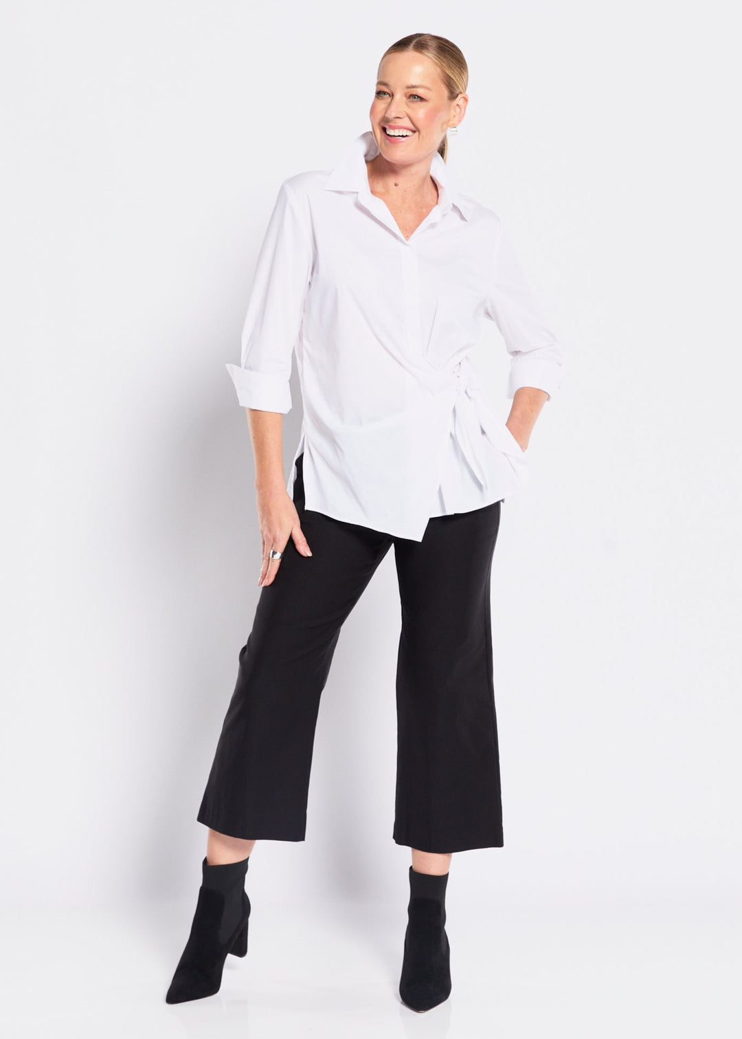 Decible City stretch cotton shirt in white, sustainable slow fashion ethically made in Australia by Philosophy Australia