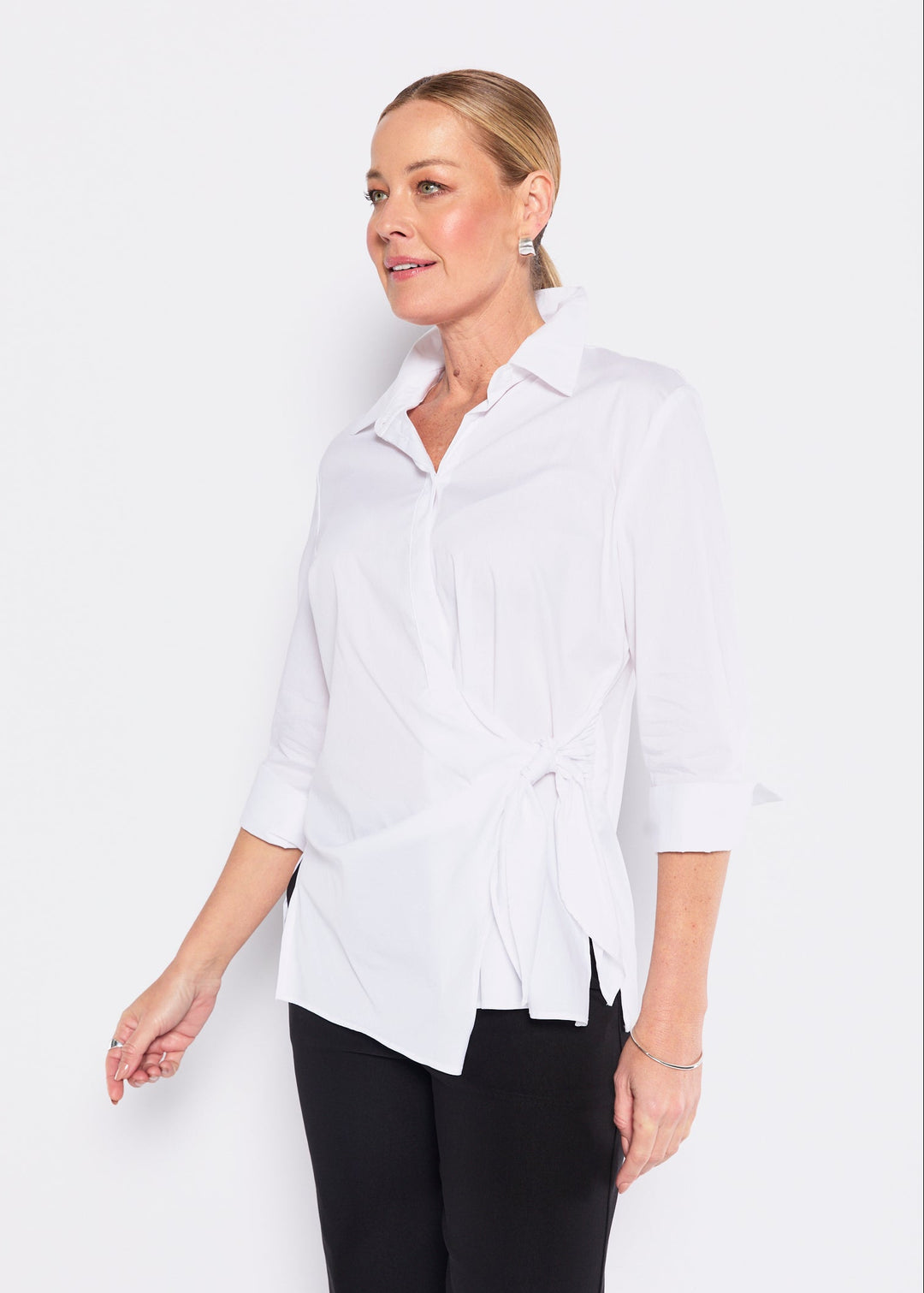 Decible City stretch cotton shirt in white, sustainable slow fashion ethically made in Australia by Philosophy Australia