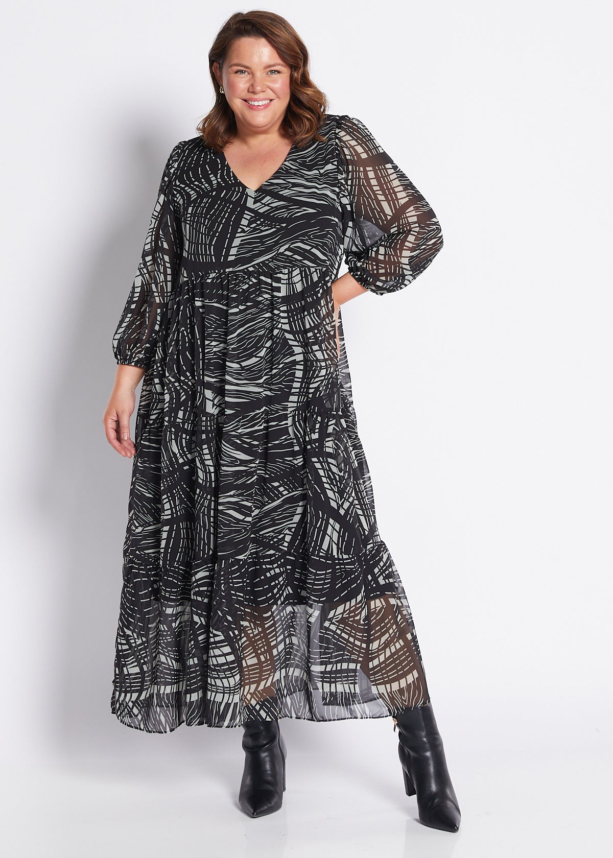 Chiffon Billow Maxi Dress in Green Black Print