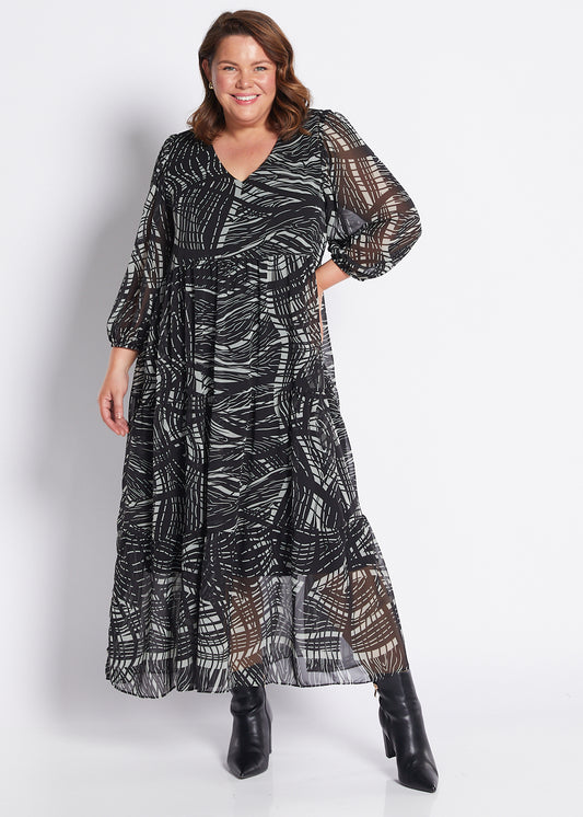 Chiffon Billow Maxi Dress in Green Black Print