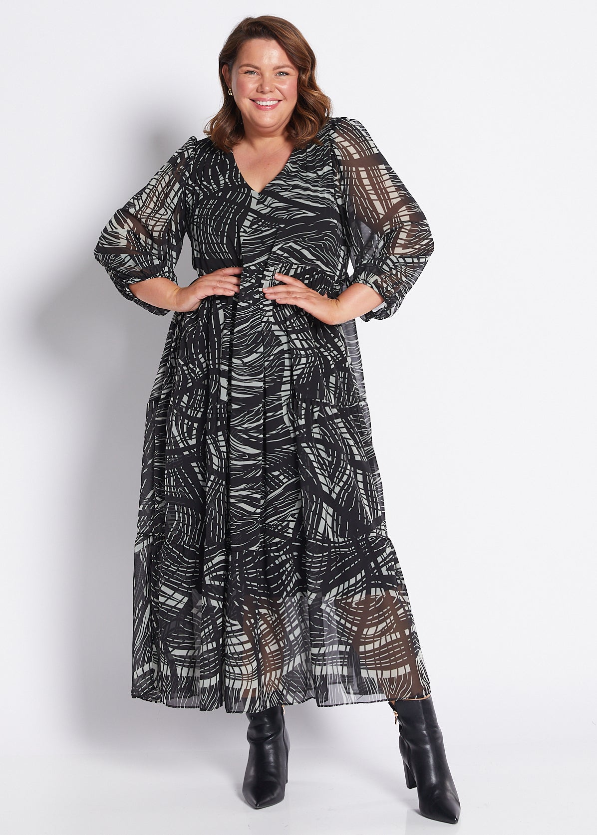 Chiffon Billow Maxi Dress in Green Black Print