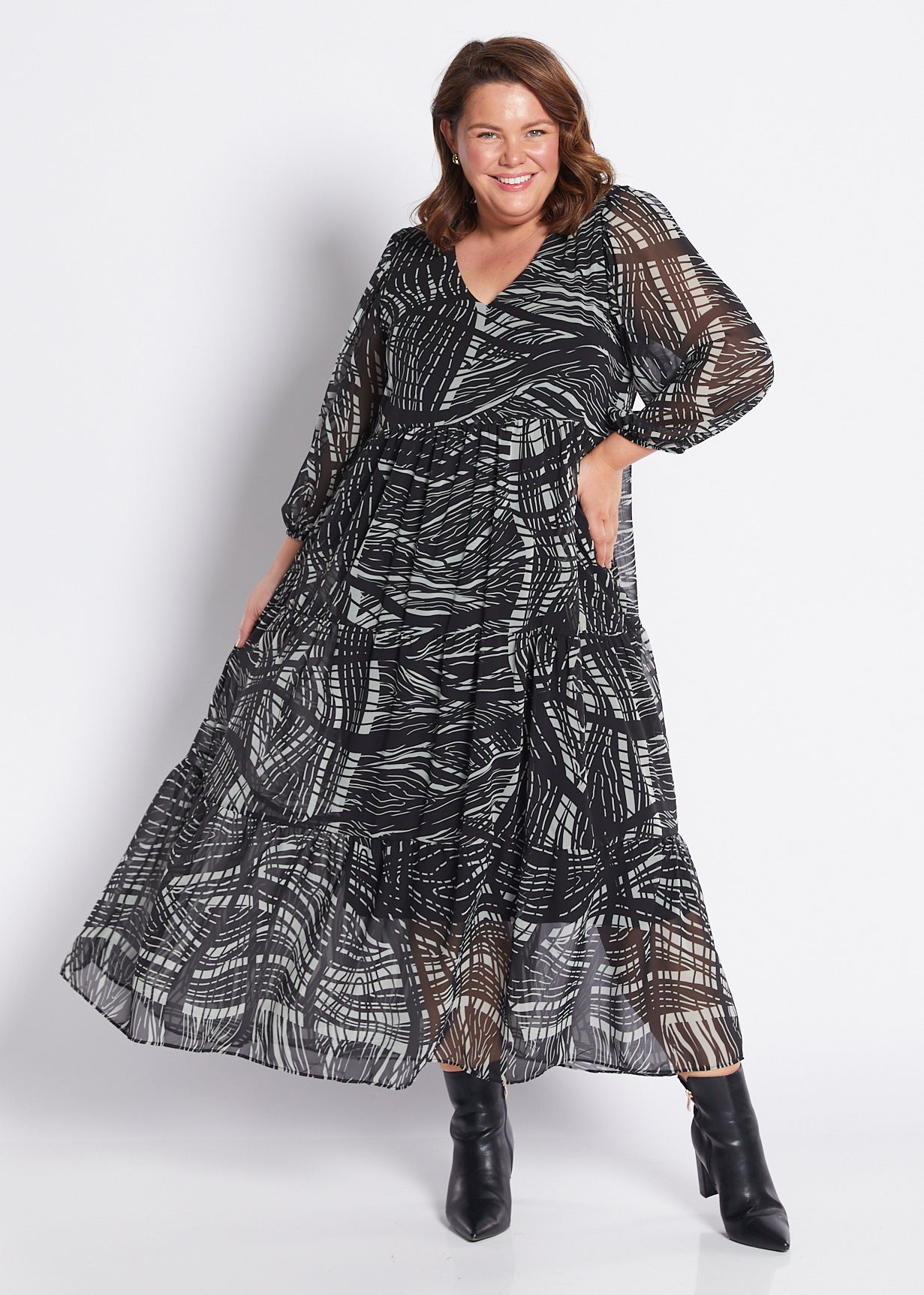Chiffon Billow Maxi Dress in Green Black Print