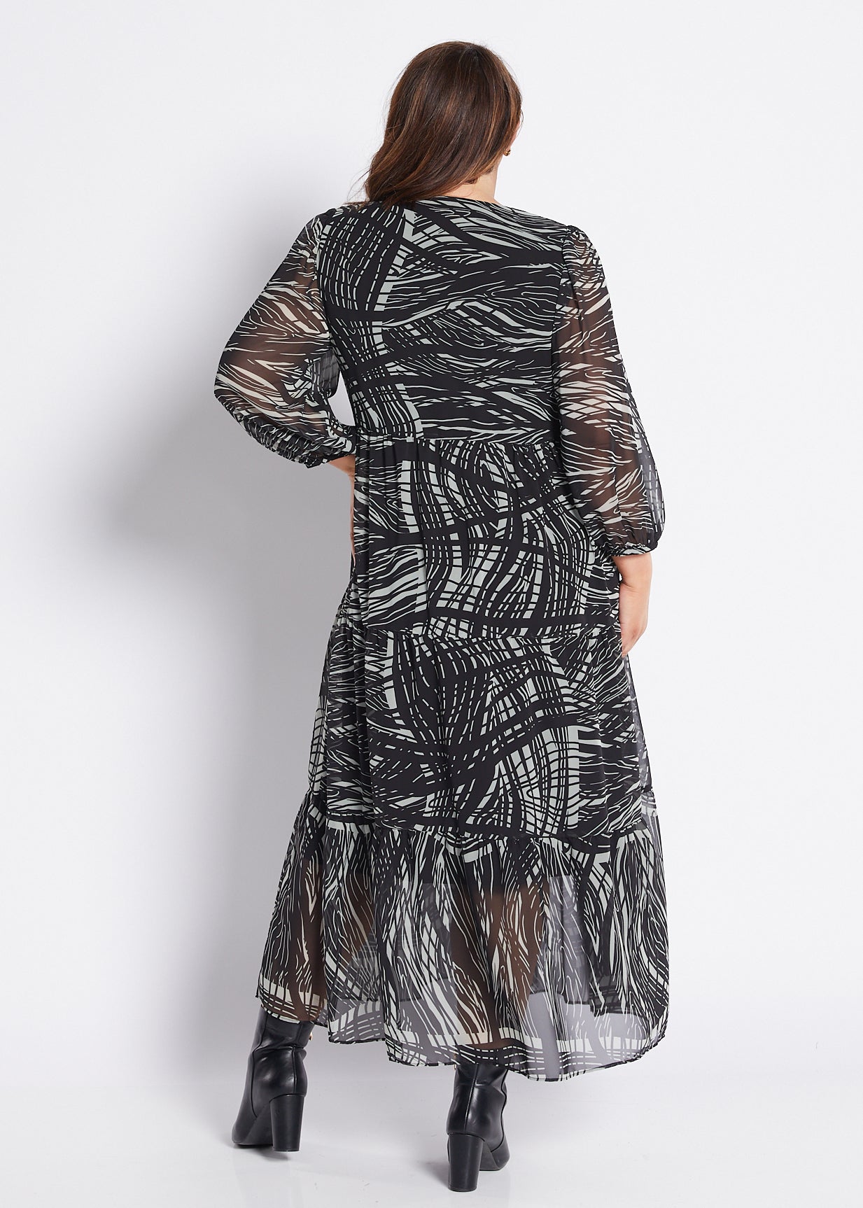 Chiffon Billow Maxi Dress in Green Black Print