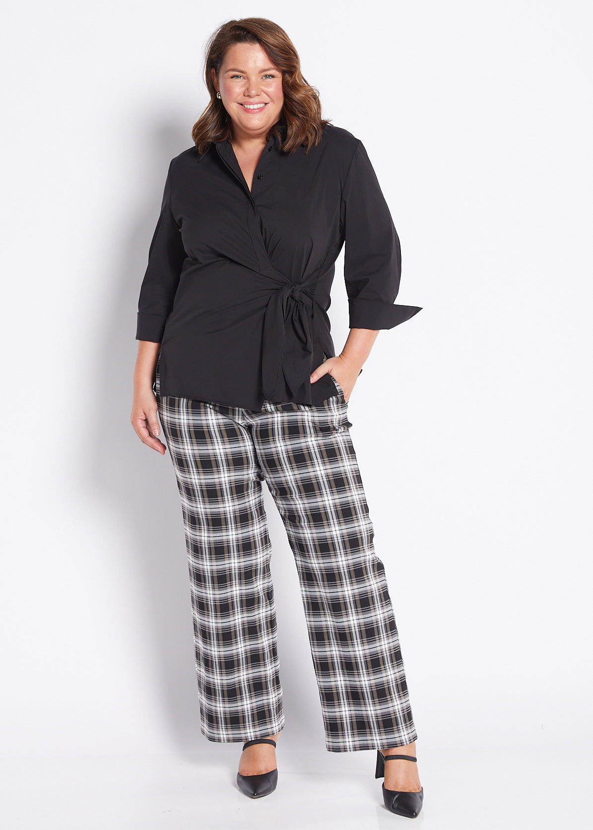 Bengaline Wide Leg Pants in Black White Mustard check