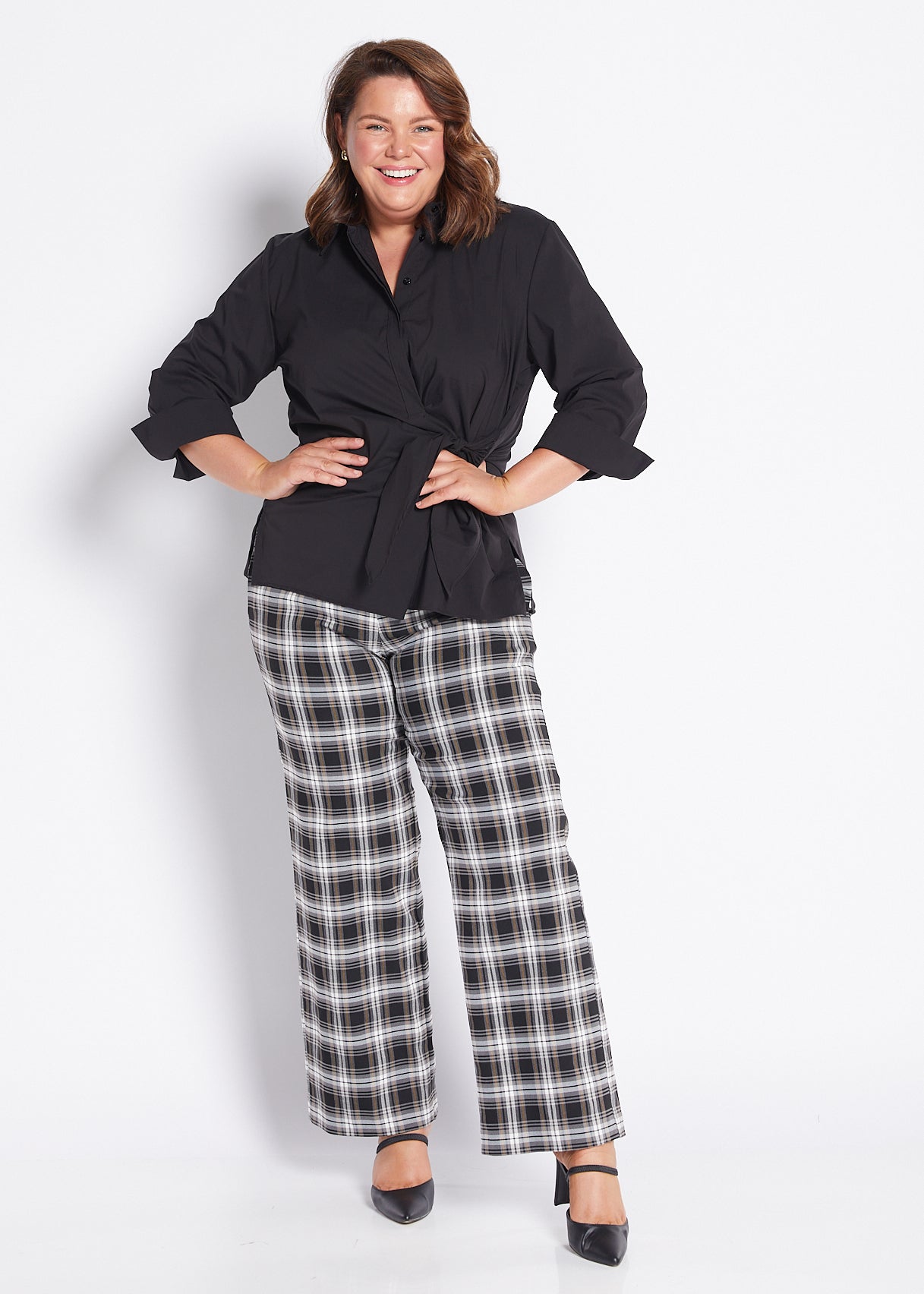 Bengaline Wide Leg Pants in Black White Mustard check