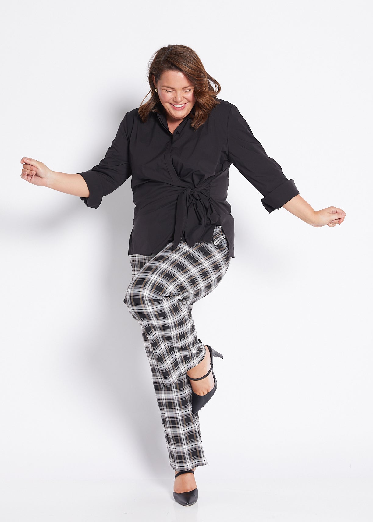 Bengaline Wide Leg Pants in Black White Mustard check