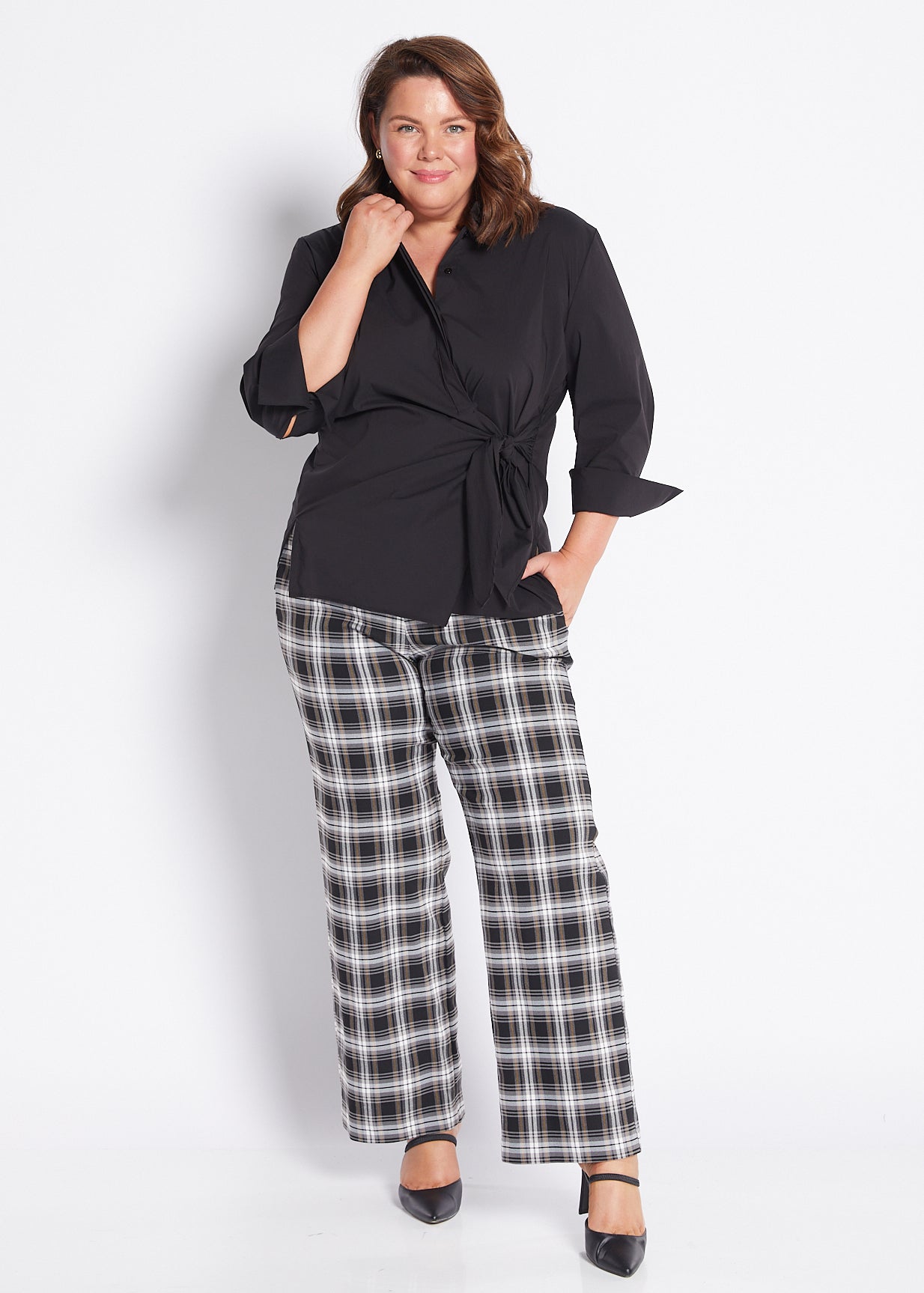 Bengaline Wide Leg Pants in Black White Mustard check