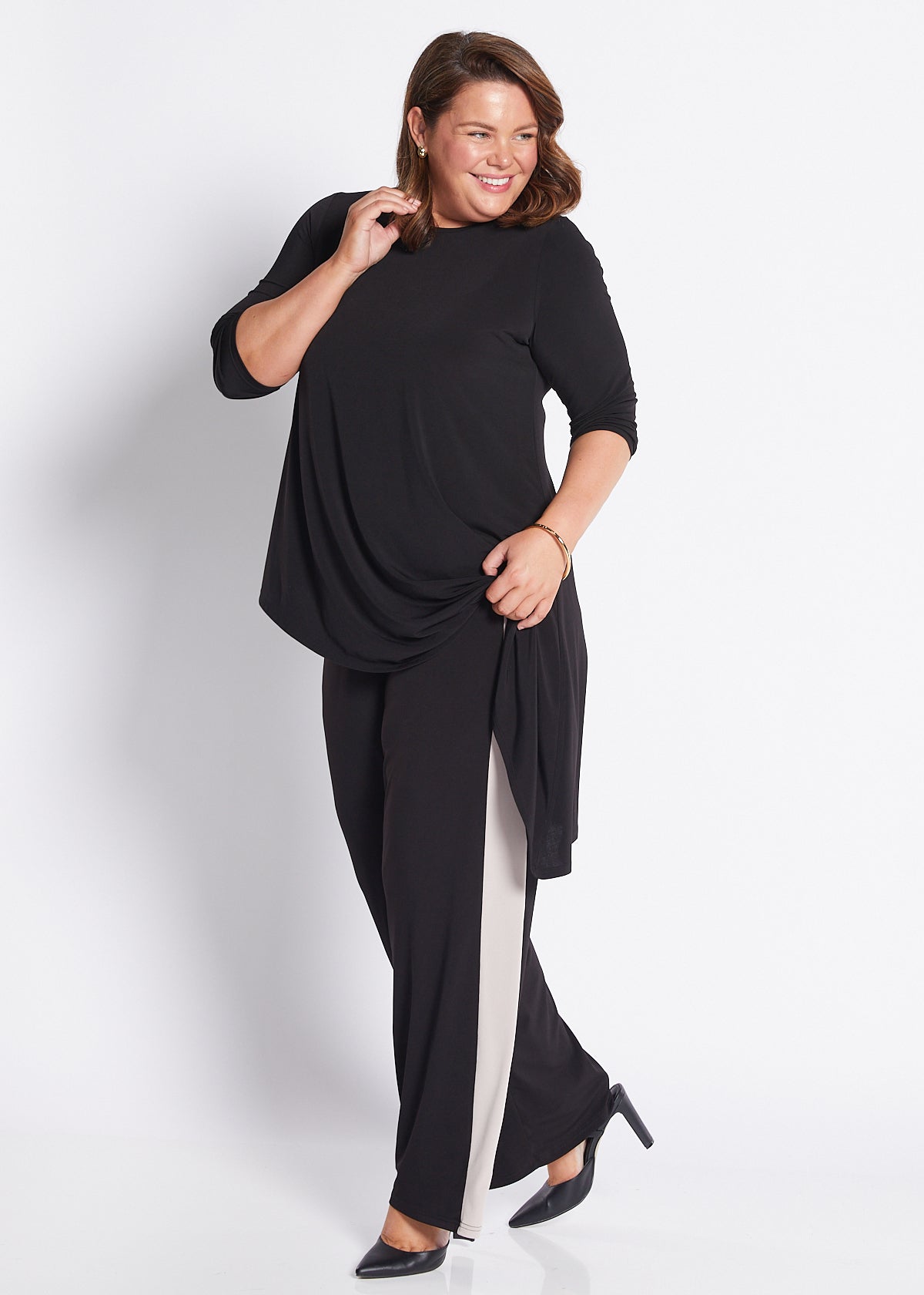 Black jersey wide leg pants with contrasting neutral side stripe