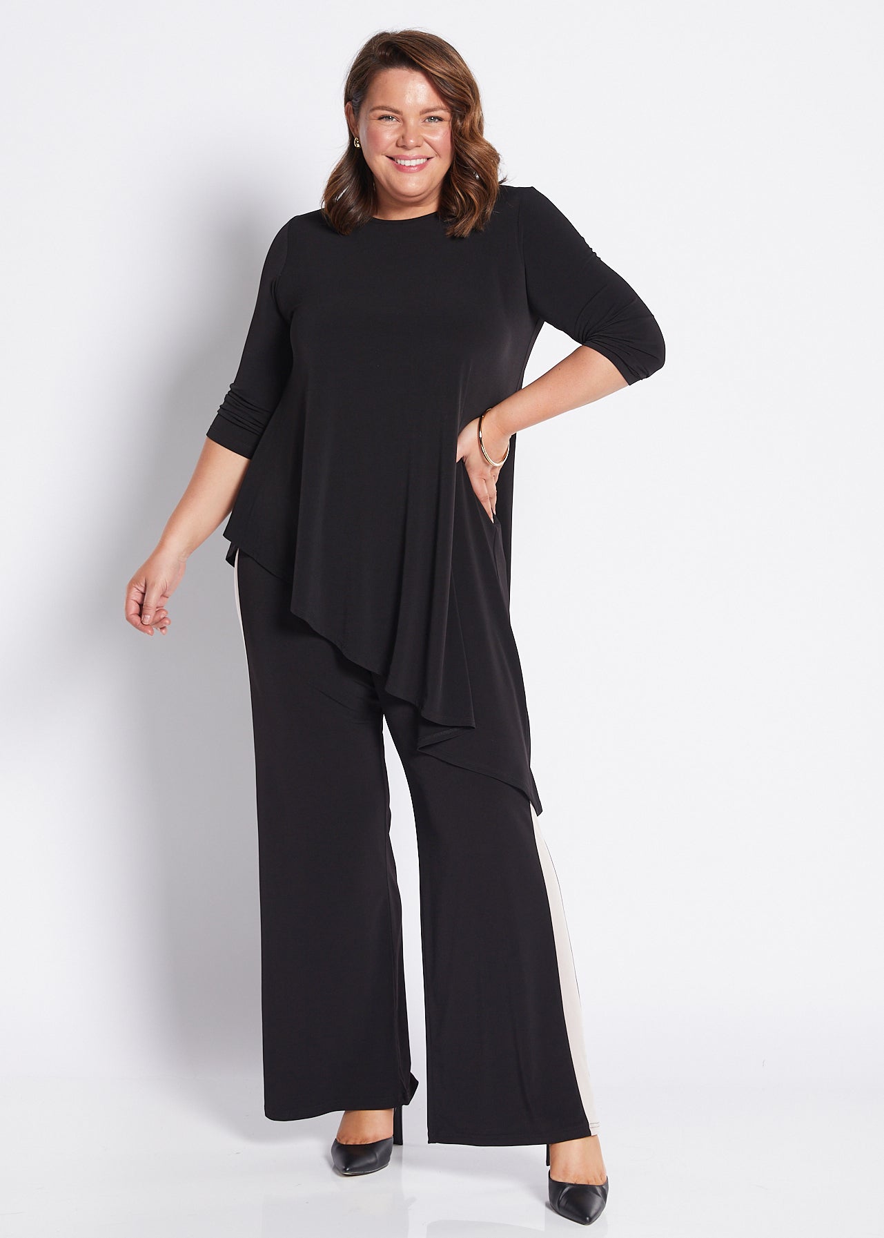 Black jersey wide leg pants with contrasting neutral side stripe