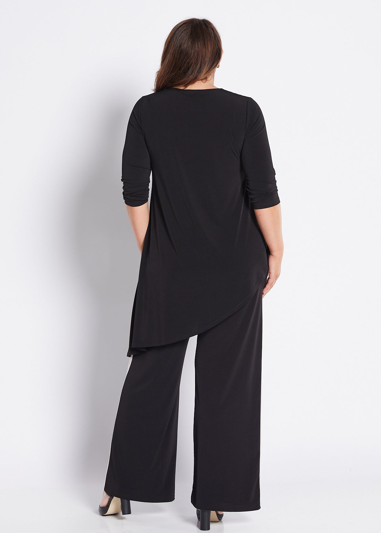 Black jersey wide leg pants with contrasting neutral side stripe