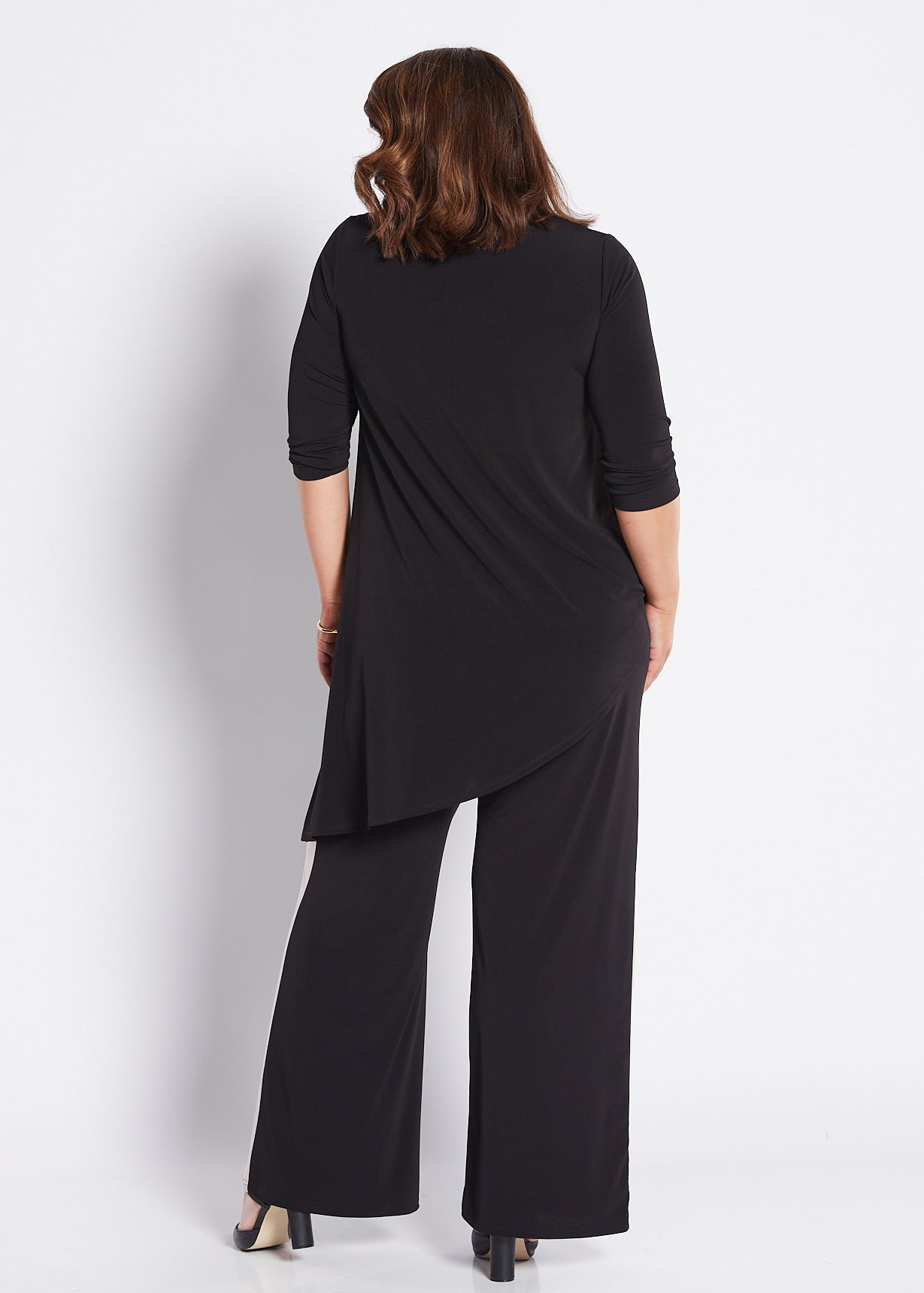 Black jersey wide leg pants with contrasting neutral side stripe