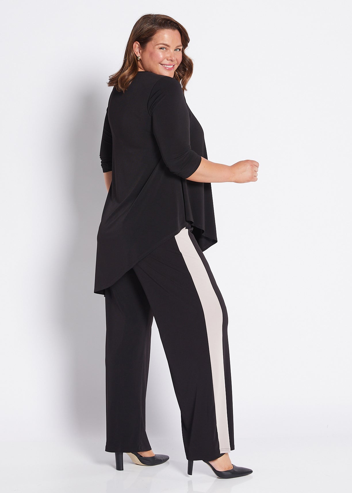 Black jersey wide leg pants with contrasting neutral side stripe