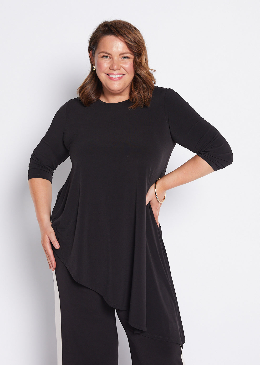Jersey Asymmetric Long Line Top in Black