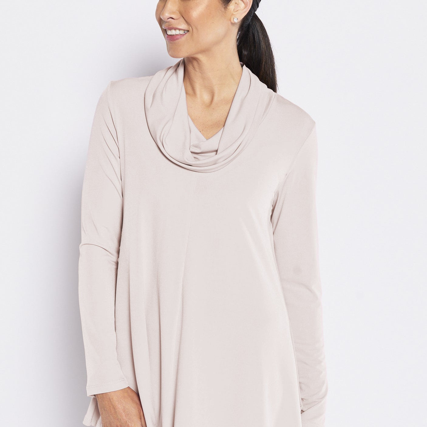 Jersey Cowl Swing Tunic in Neutral Champagne