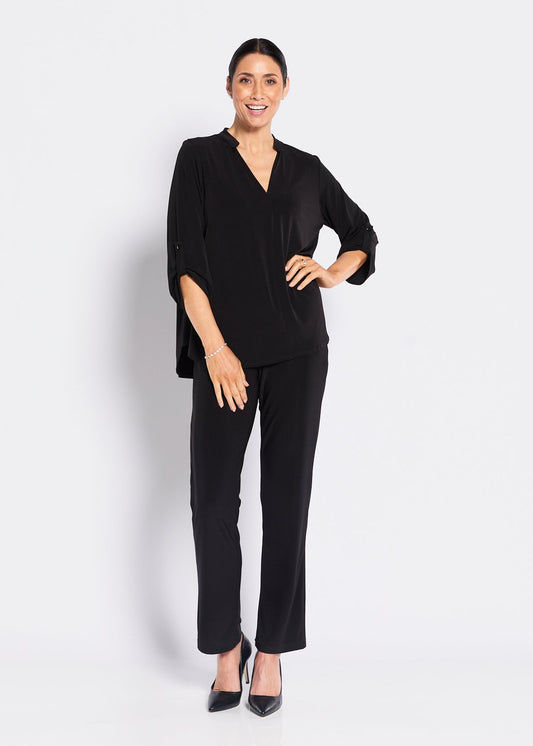 Jersey Nehru Collar V Neck Blouse with Tabbed Sleeves in Black