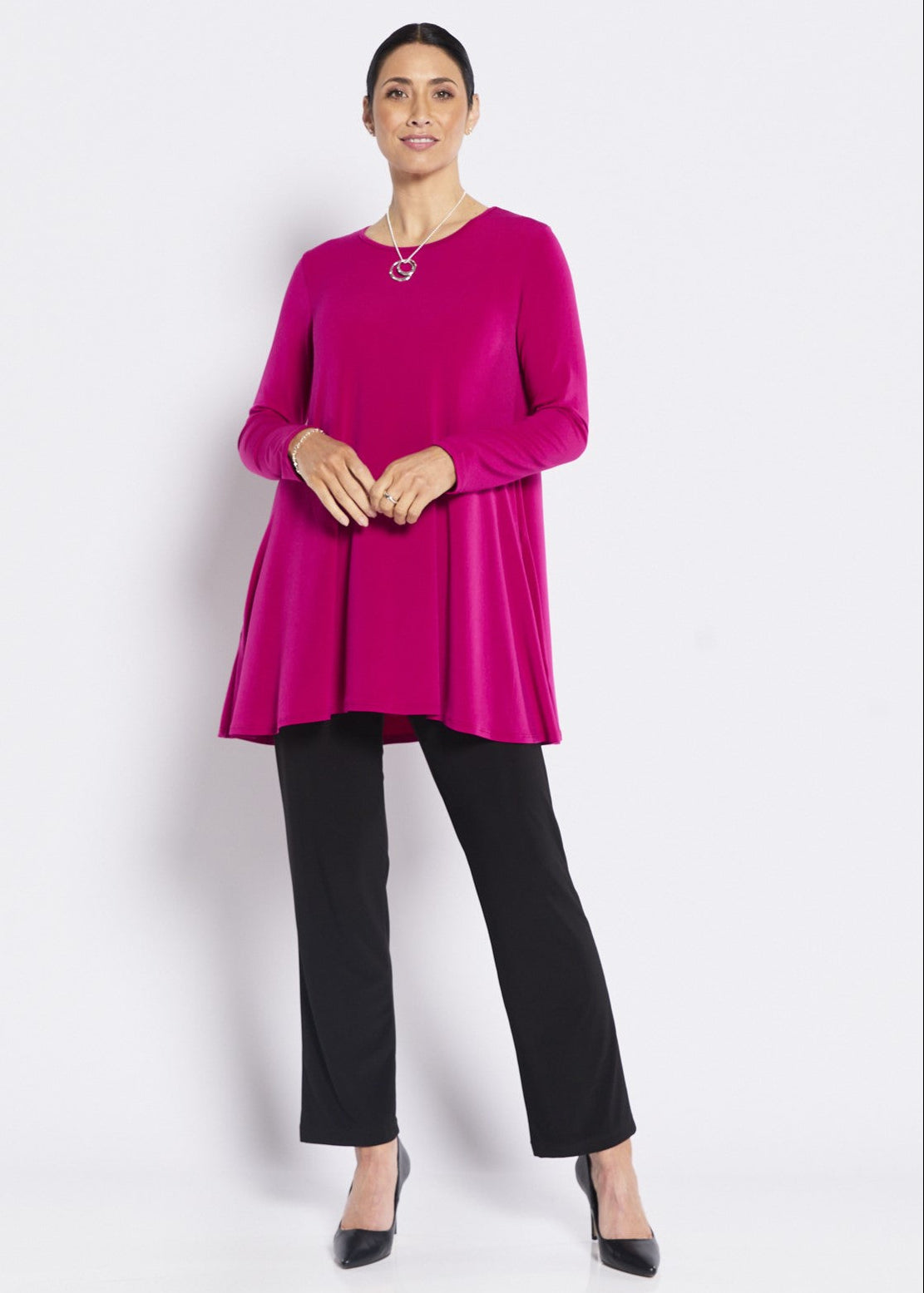 Long Sleeve Jersey Swing Tunic with Pockets in Fuchsia