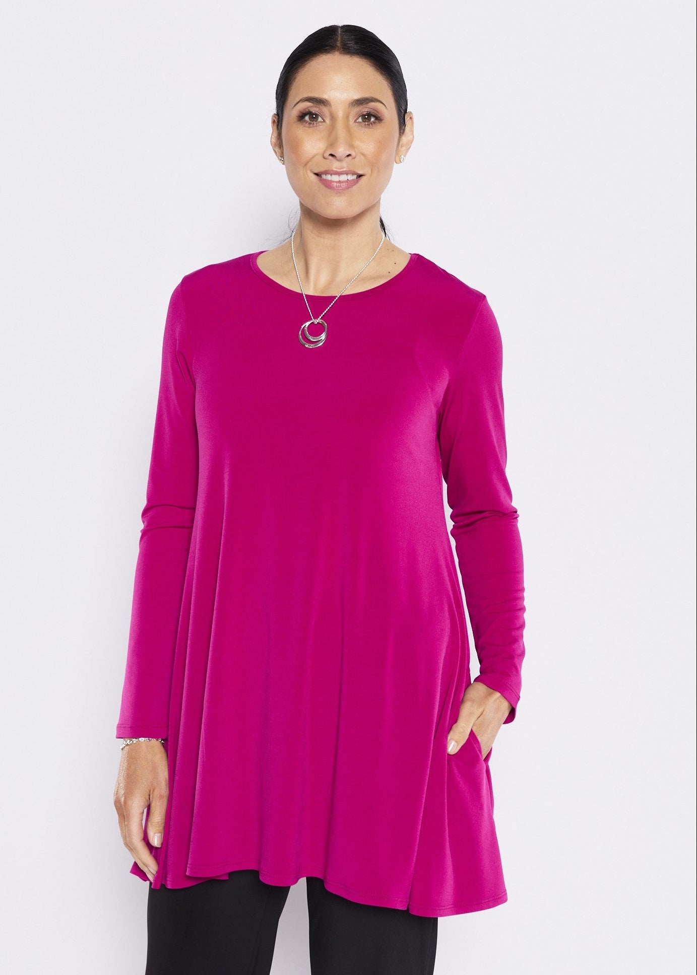 Long Sleeve Jersey Swing Tunic with Pockets in Fuchsia