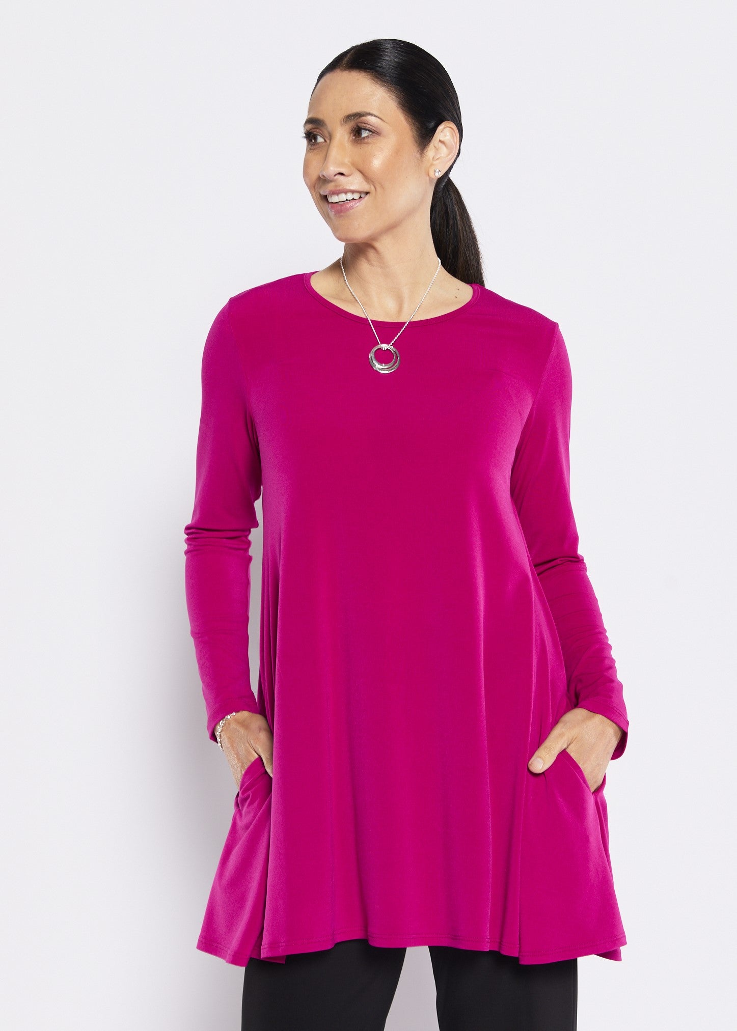 Long Sleeve Jersey Swing Tunic with Pockets in Fuchsia