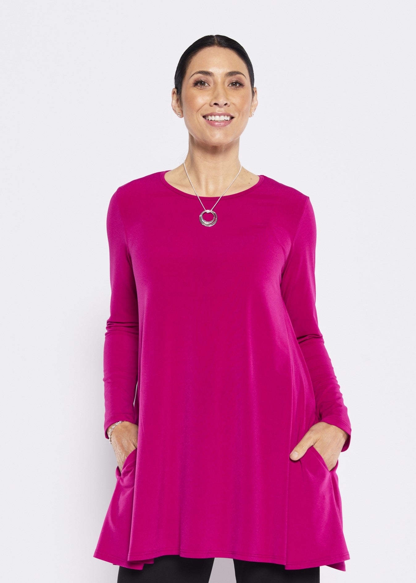 Long Sleeve Jersey Swing Tunic with Pockets in Fuchsia