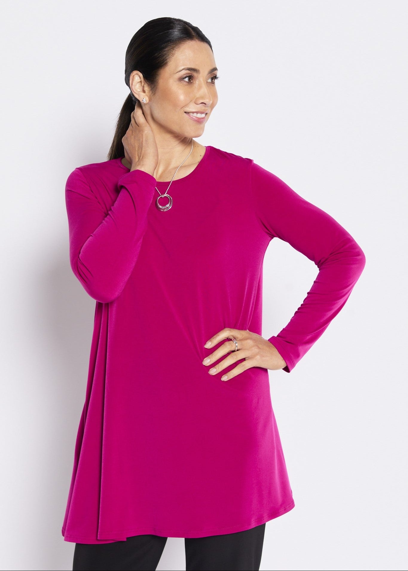 Long Sleeve Jersey Swing Tunic with Pockets in Fuchsia