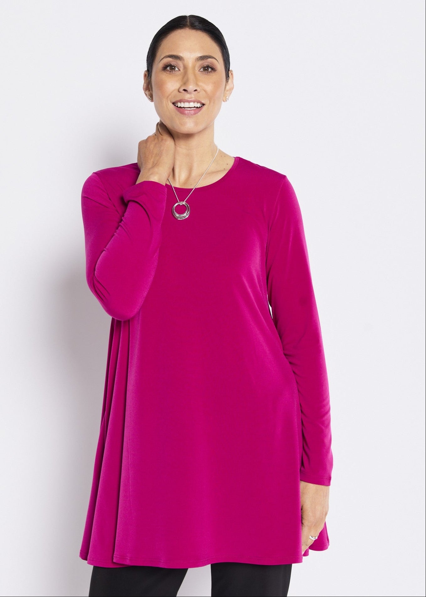 Long Sleeve Jersey Swing Tunic with Pockets in Fuchsia