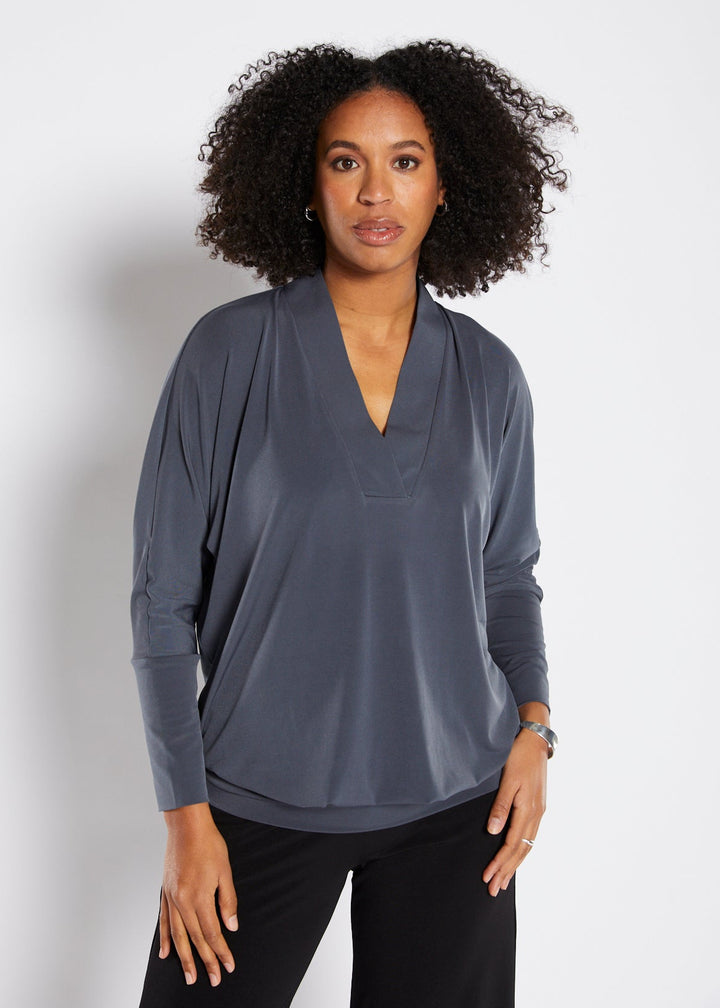 Wendy Foundation slinky jersey relaxed V top in Squid grey