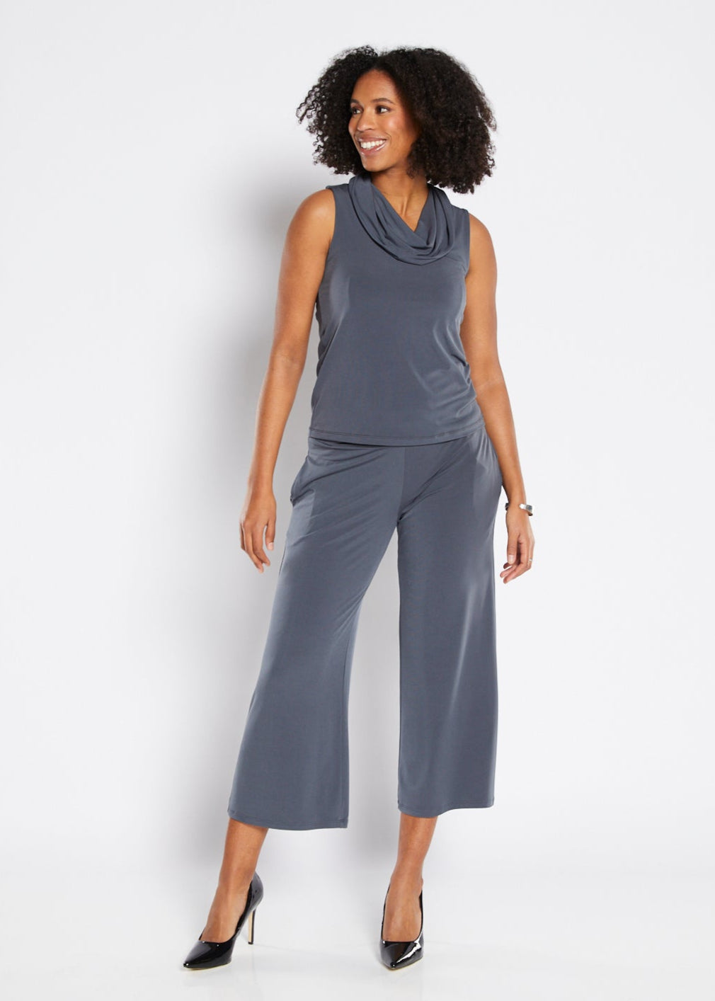 Macy Foundation slinky jersey sleeveless cowl top in Squid grey