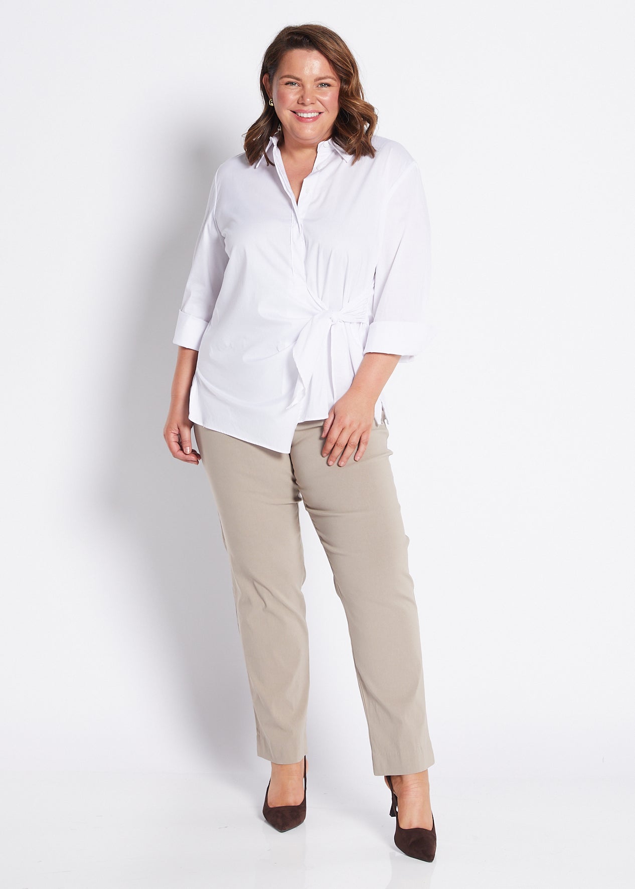 Bengaline Stretch F/L Side Zip Straight Pants in Neutral Raffia