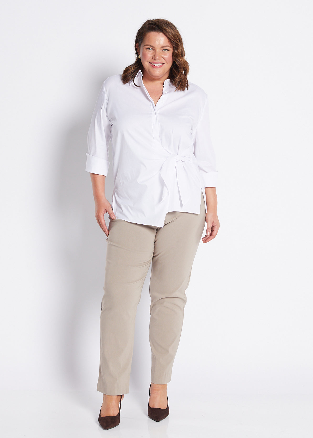 Bengaline Stretch F/L Side Zip Straight Pants in Neutral Raffia