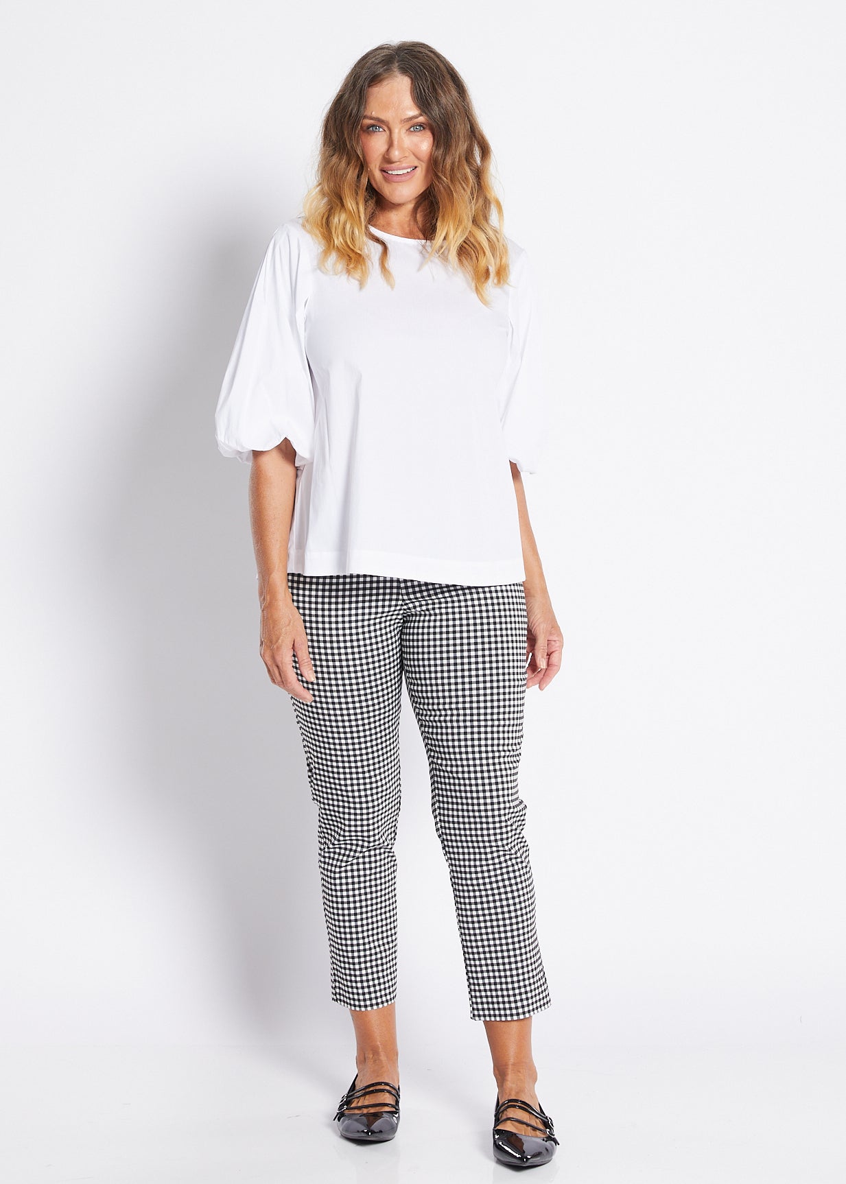 Easy Gingham Bengaline super stretch 7/8 fitted pant in black