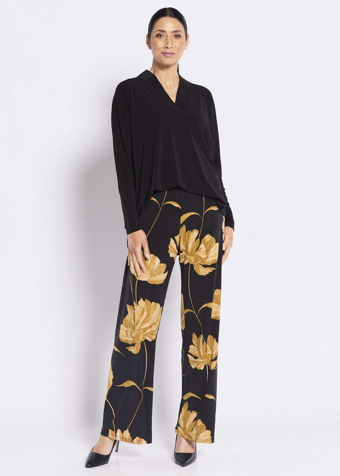 Jersey Wide Leg Pant in Gold Black Print