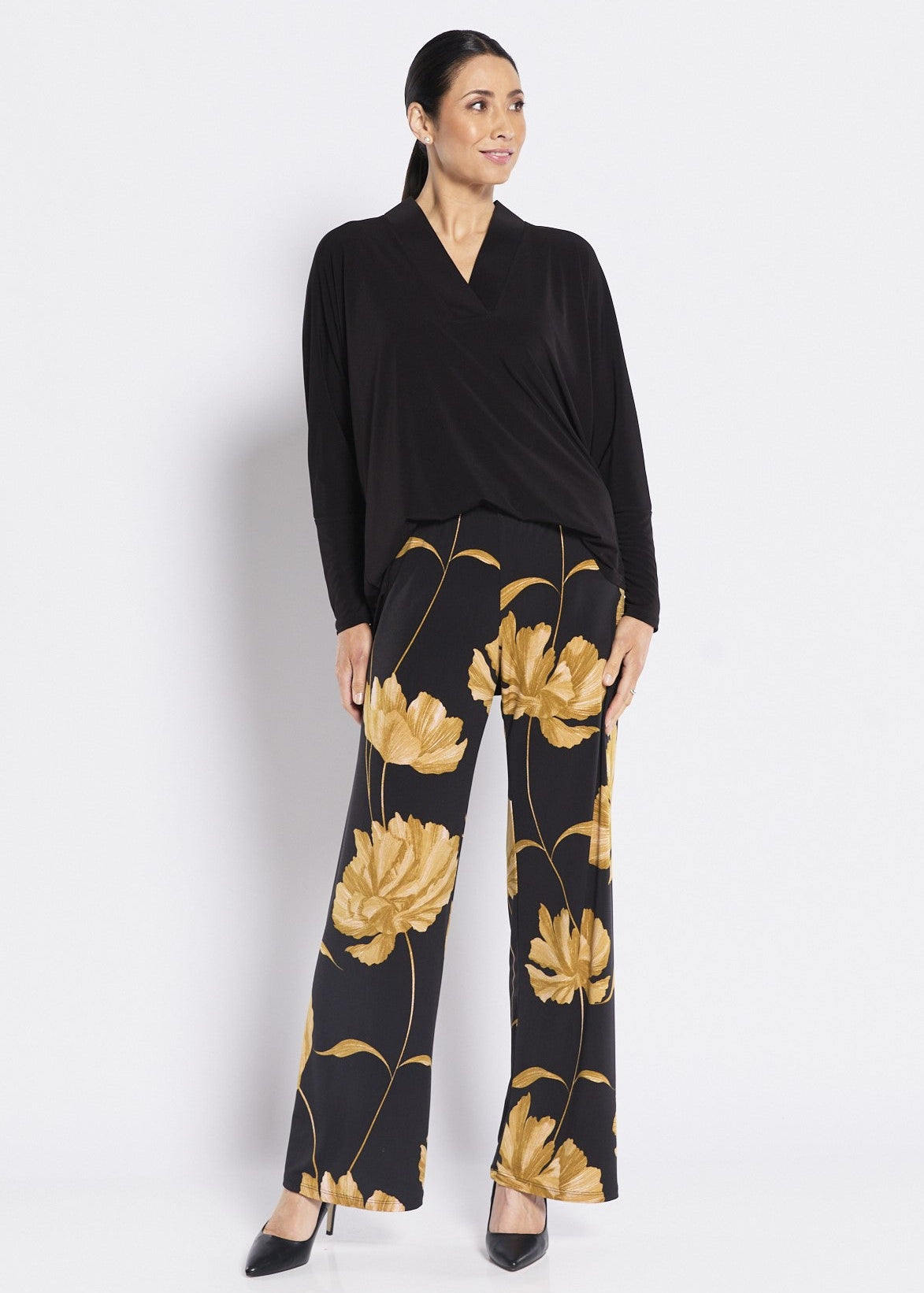 Jersey Wide Leg Pant in Gold Black Print
