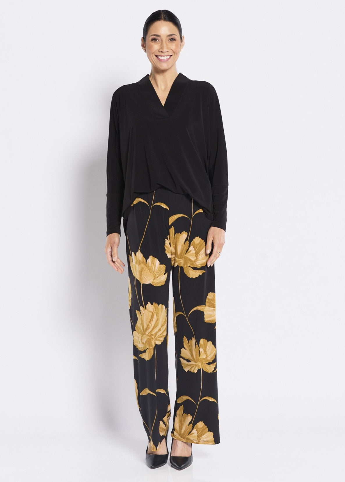 Jersey Wide Leg Pant in Gold Black Print