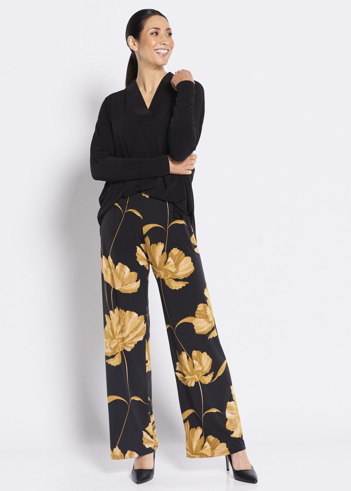 Jersey Wide Leg Pant in Gold Black Print