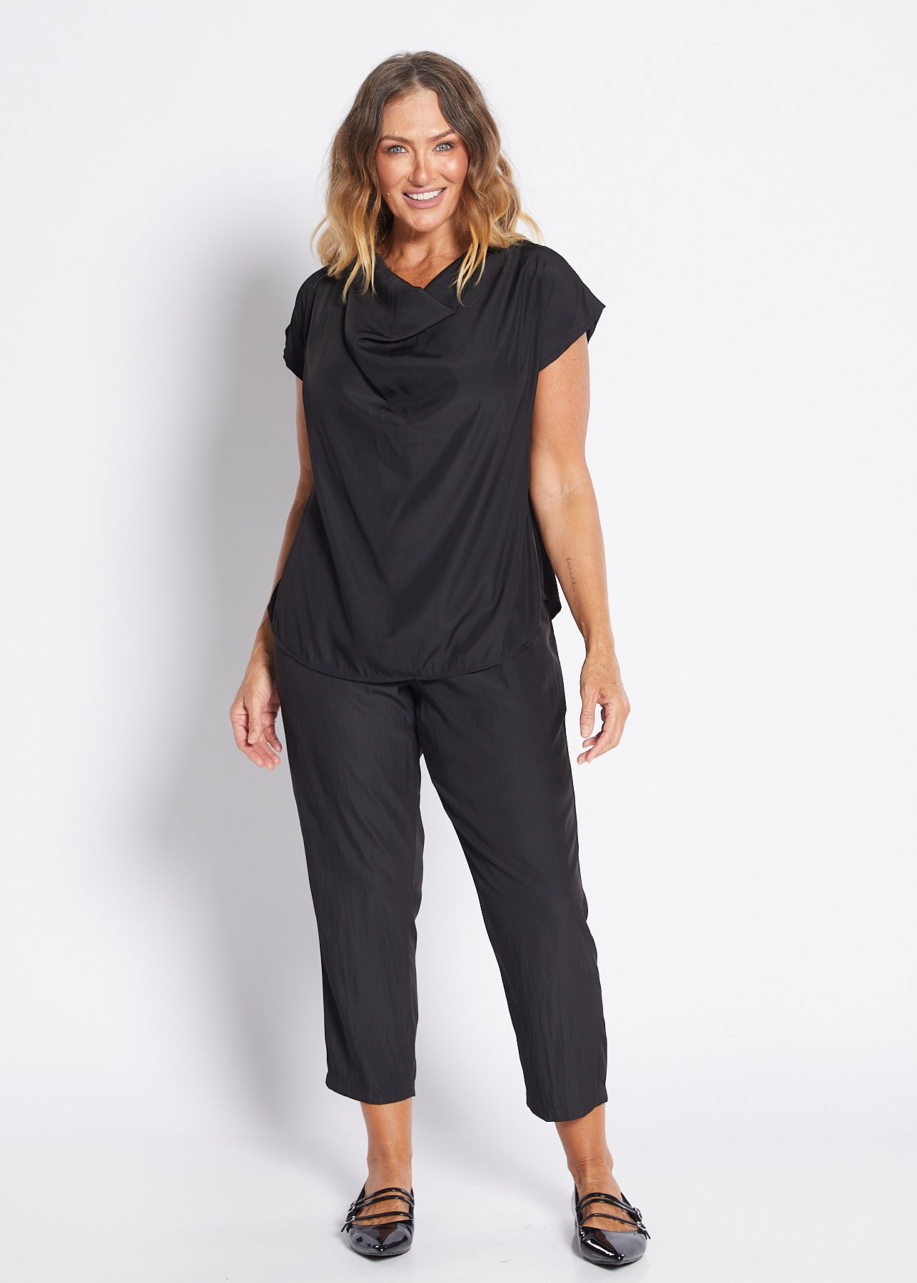 Janine Lustre technical cowl top in black