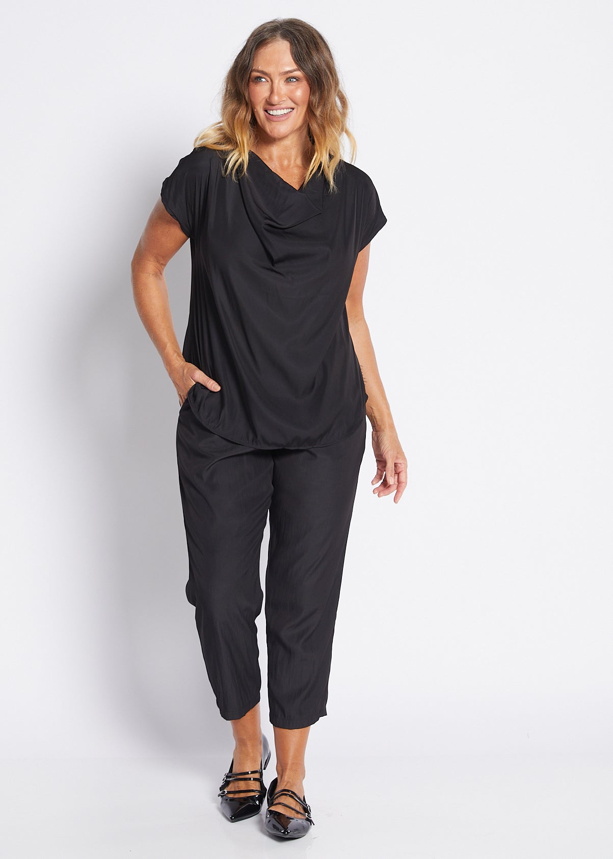 Janine Lustre technical cowl top in black
