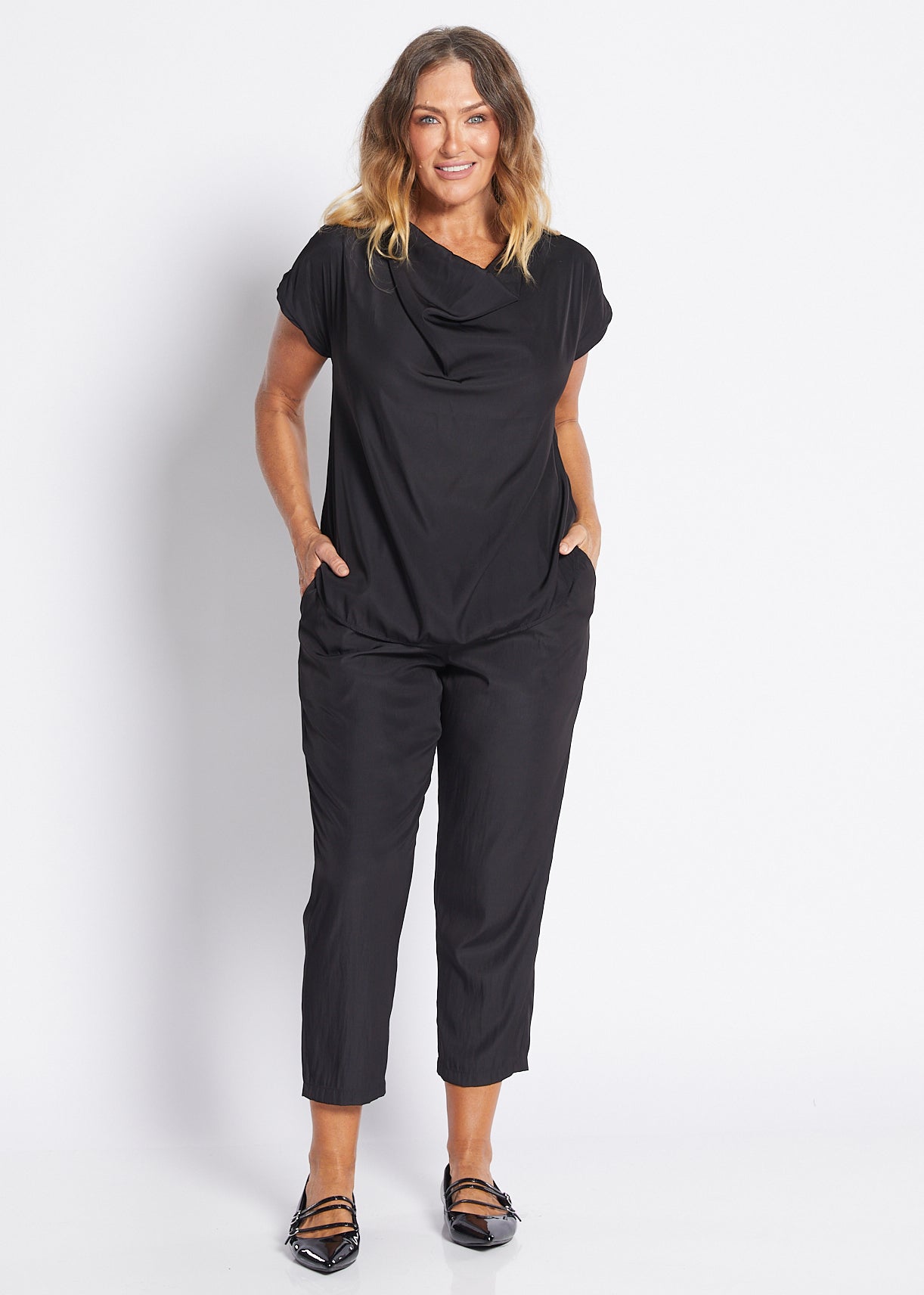 Janine Lustre technical cowl top in black
