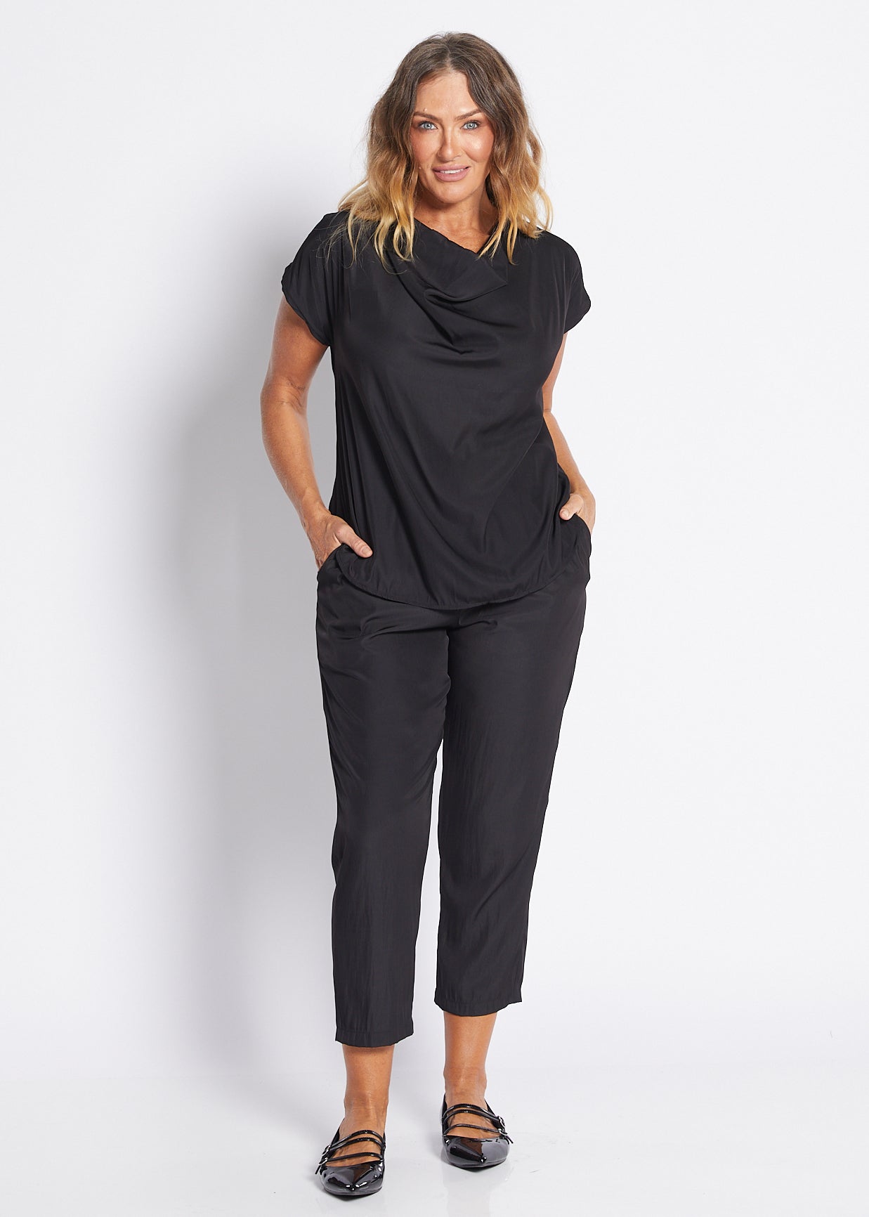 Janine Lustre technical cowl top in black