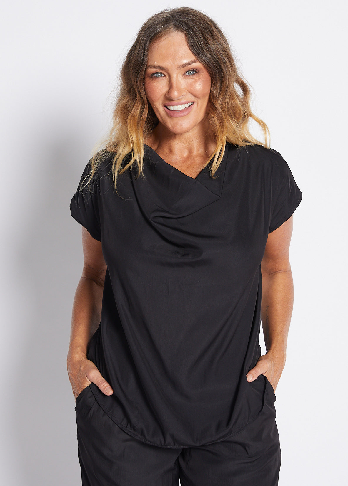 Janine Lustre technical cowl top in black